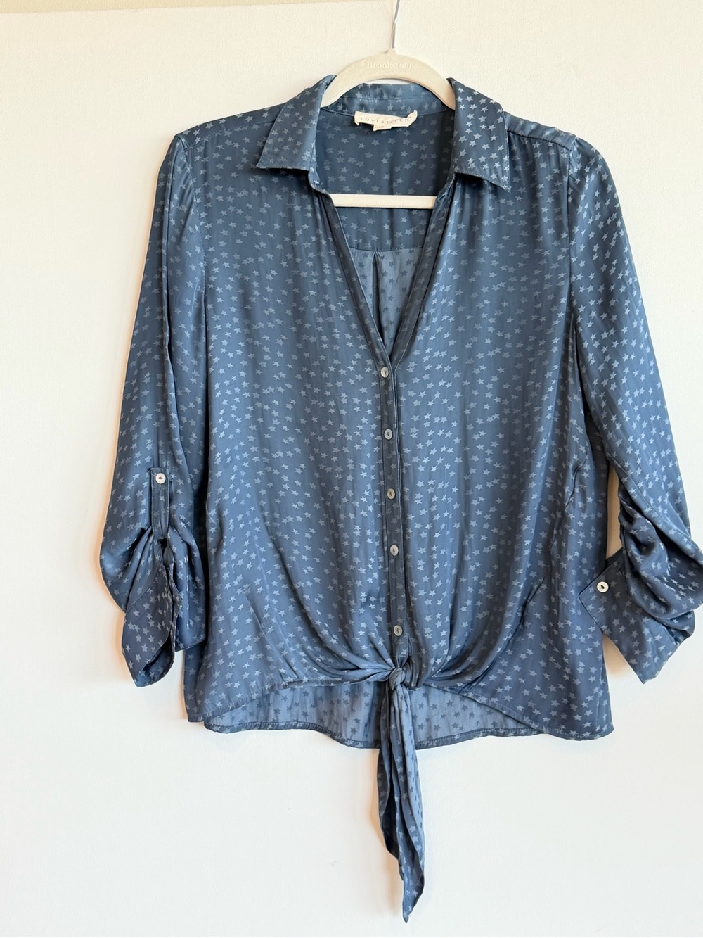 Lovestitch Slate Blue Star Print Tie Front Button Down Blouse Size S